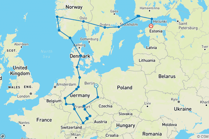 Carte du circuit Nord de l'Europe (27 destinations)