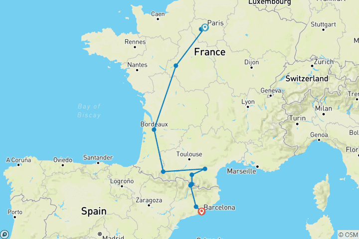 Carte du circuit Paris, Lourdes et Barcelone (12 destinations)