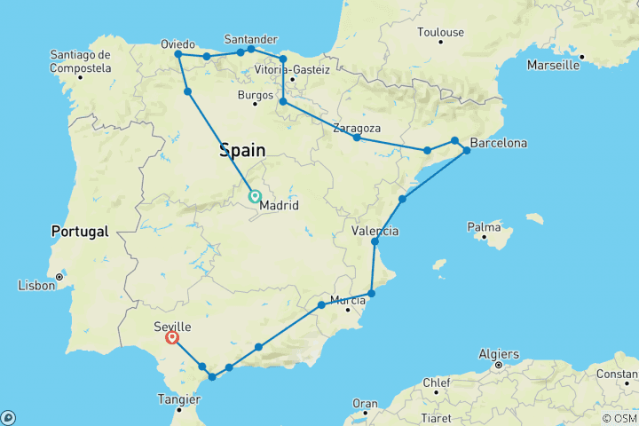 Mapa de España de norte a sur (21 destinations)