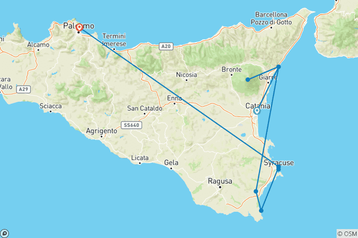 Mapa de Circuito gastronómico y vinícola por Sicilia en grupo pequeño - máximo 8 personas