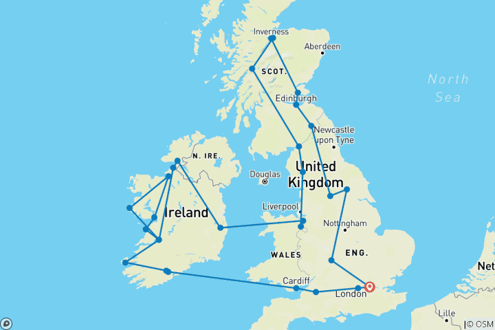 Carte du circuit Explorer la Grande-Bretagne et l'Irlande (2026, 16 jours) (46 destinations)