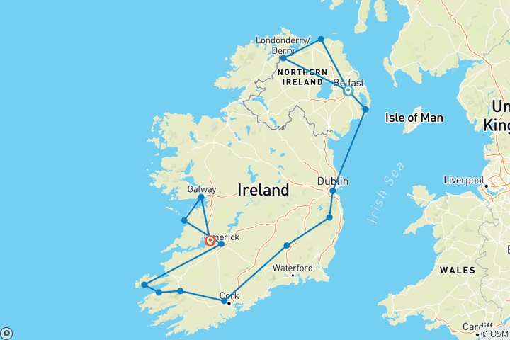 Map of Ultimate Ireland (Small Groups, 12 Days)