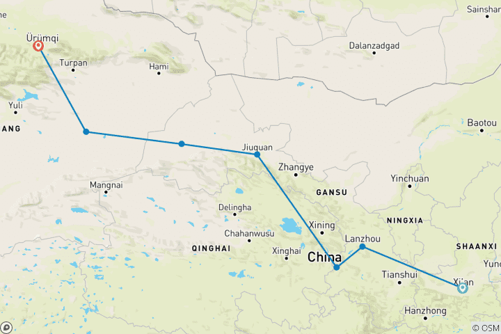 Map of 12 Days Essential Silk Road Adventure Tour from Xi’an to Urumqi