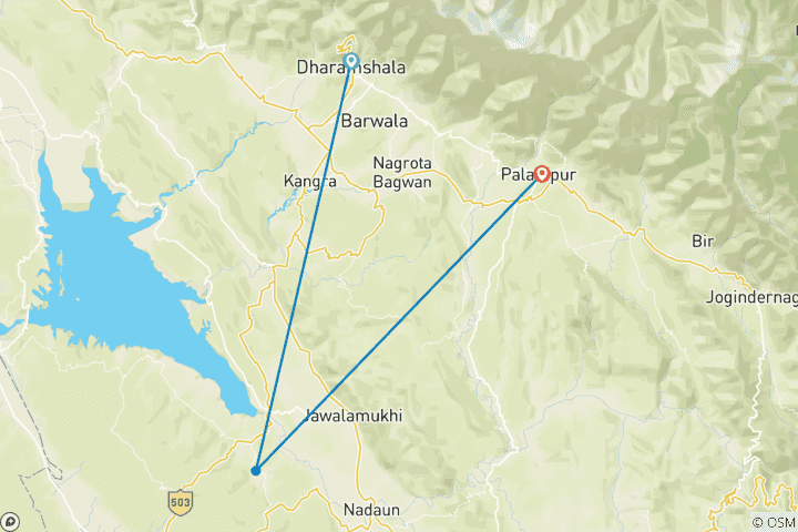 Mapa de 6 paseos de un día en las colinas de Kangra