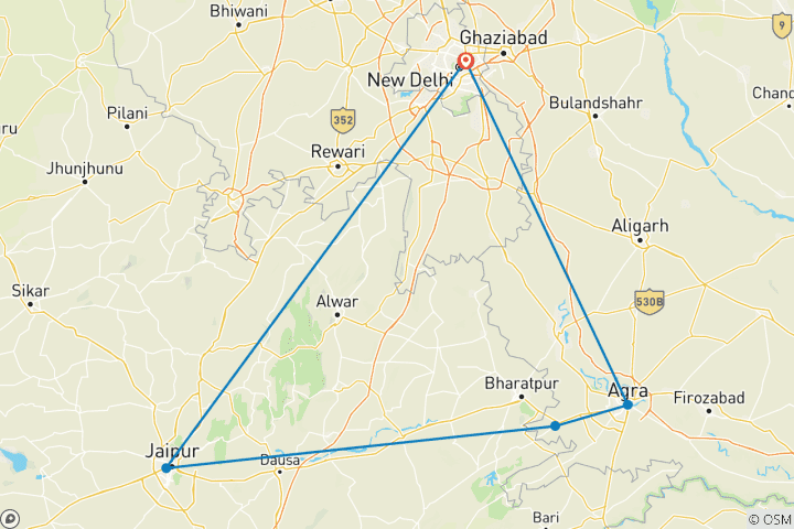 Carte du circuit Le meilleur vendeur de l'Inde 5 jours Triangle d'Or - Delhi, Agra et Jaipur