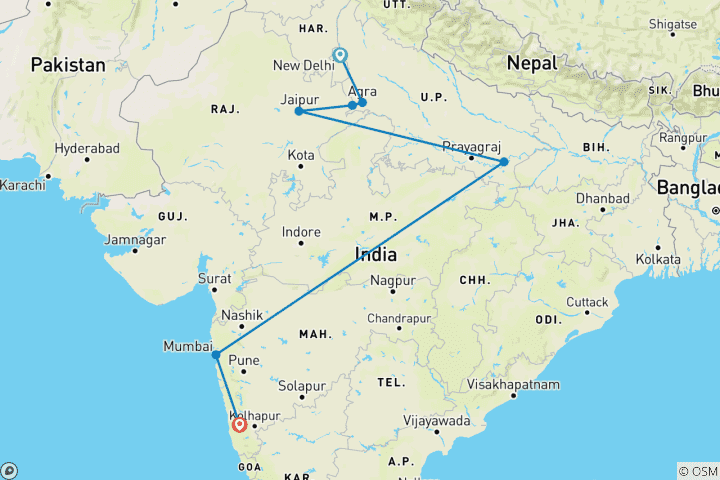 Kaart van Gouden Driehoek met Mumbai Goa & Varanasi