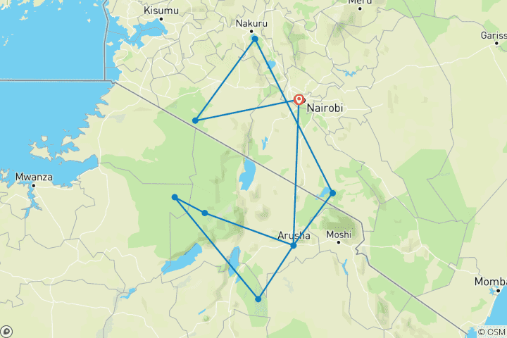 Kaart van Het beste van Kenia & Tanzania - 12 dagen