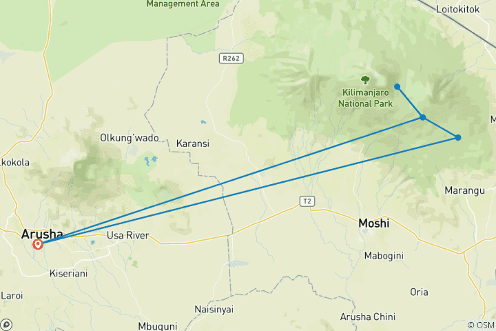 Carte du circuit 5 jours sur la route Marangu du Kilimandjaro (route Coca-Cola)