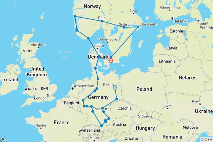 Carte du circuit L'Allemagne et la Scandinavie terminent Copenhague (26 destinations)