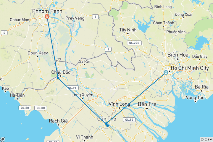 Carte du circuit Circuit dans le delta du Mékong en bateau rapide vers le Cambodge 3 jours