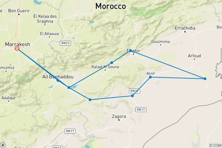 Map of Morocco Desert Tour from Marrakech 4 days 3 nights