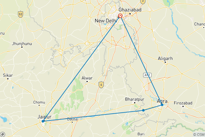 Carte du circuit Deluxe Golden triangle Delhi Agra Jaipur, hébergement 4 étoiles
