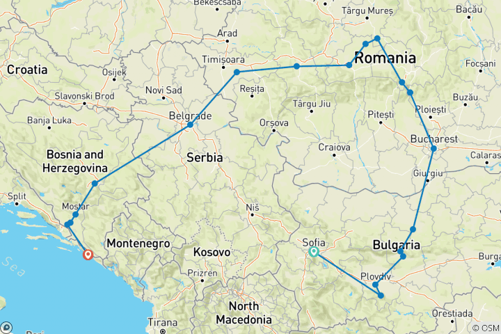 Carte du circuit De Sofia à Dubrovnik (20 destinations)