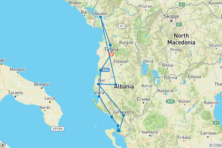 Mapa de Recorrido privado de 7 días por lo más destacado de Albania | De Sur a Norte