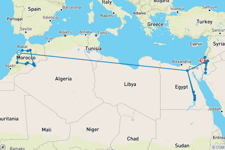 Carte du circuit Circuit de grand luxe de 27 jours au Maroc, en Égypte, en Jordanie et en Israël