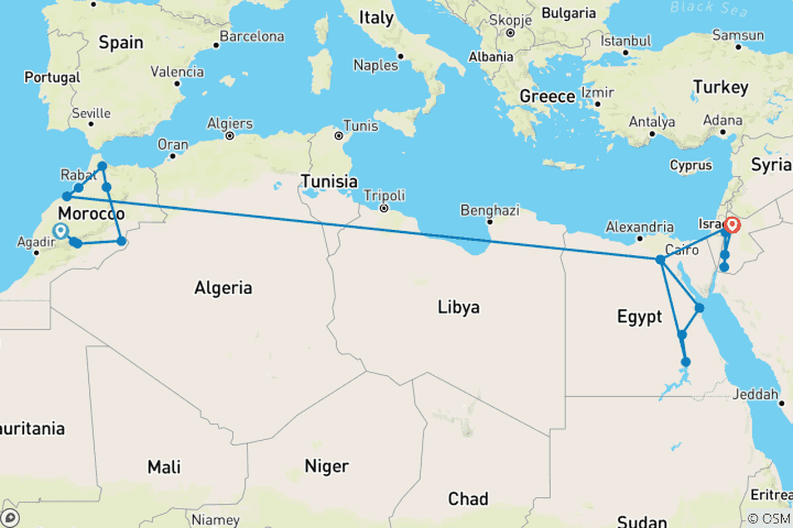 Carte du circuit Circuit de 21 jours au Maroc, en Égypte et en Jordanie