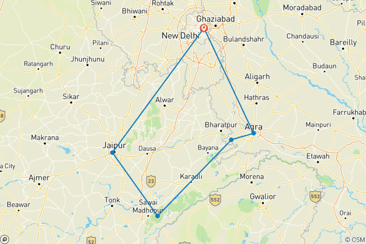 Mapa de Triángulo de Oro con Tigres de Ranthambore y Taj Mahal al Atardecer/Amanecer -6 Días