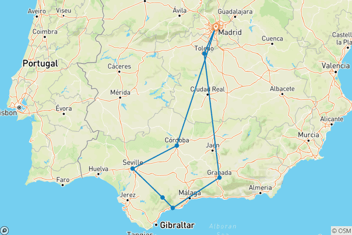 Map of Andalusia with Costa del Sol & Toledo