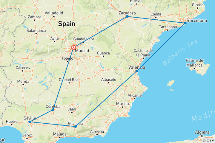 Map of Andalusia & Mediterranean Coast with Barcelona