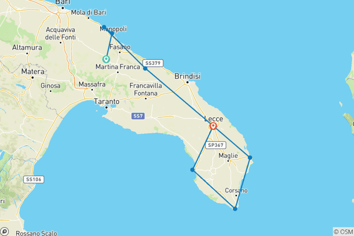 Carte du circuit Circuit à vélo dans les Pouilles - autoguidé de Monopoli à Otranto et Lecce 7 jours