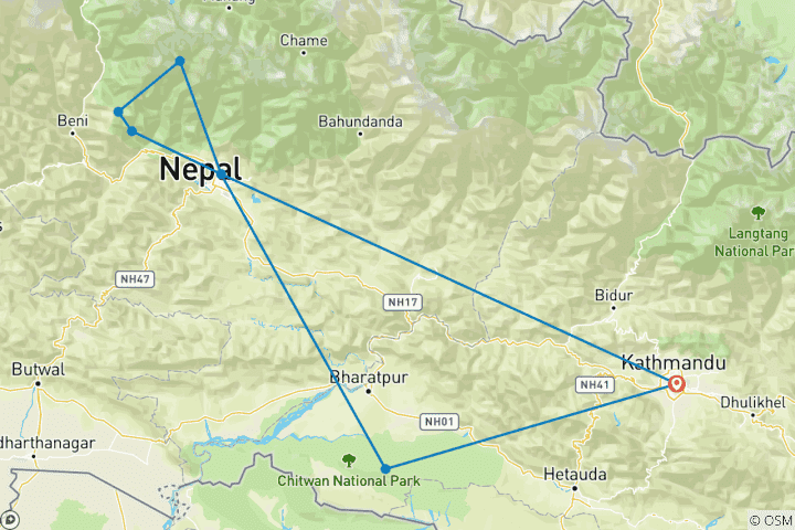 Carte du circuit Ghorepani Poon Hill Trek avec Wildlife Adventure - en anglais