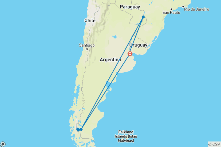 Kaart van 10-daagse rondreis Buenos Aires, Iguazu & Calafate