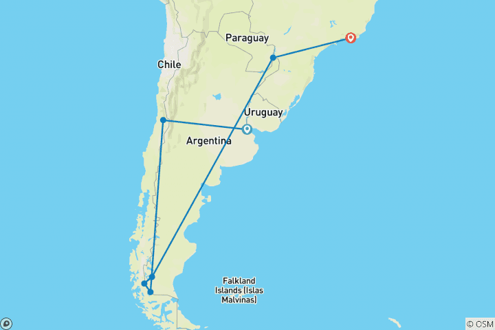 Kaart van 19-daagse reis door Zuid-Amerika