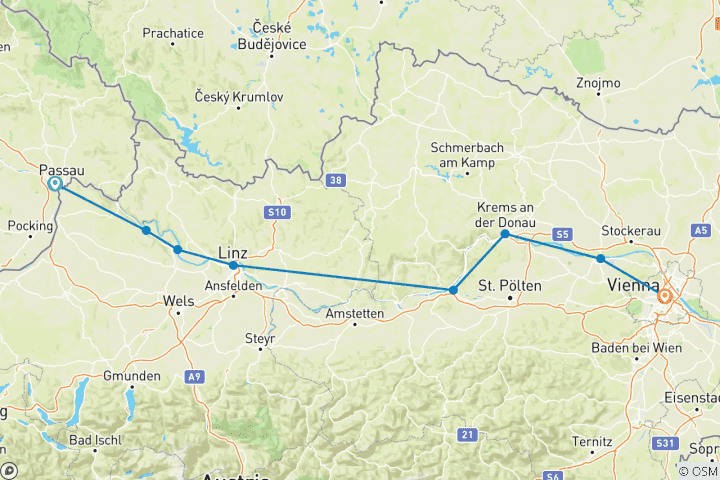 Carte du circuit Passau à Vienne à vélo