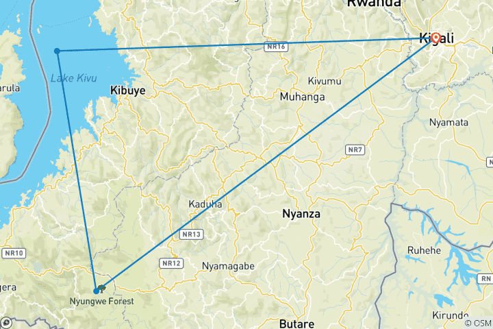 Map of 3 Day Rwanda Including Lake Kivu and Chimpanzee Trekking.