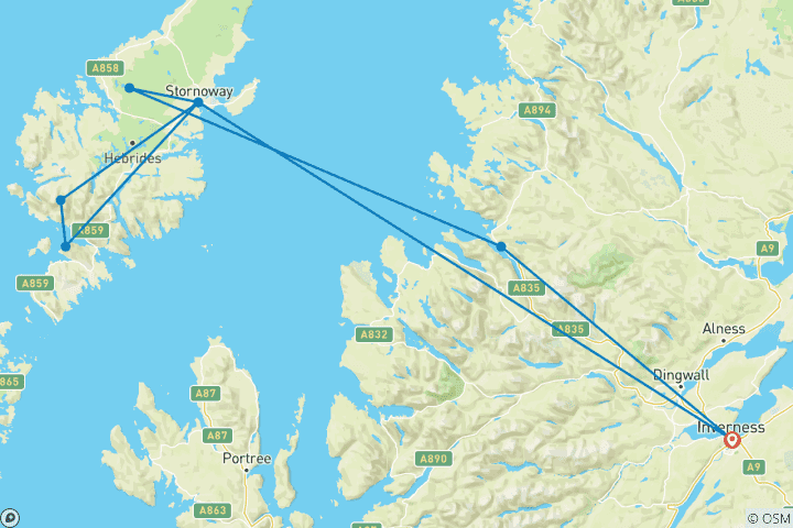 Carte du circuit Circuit de 3 jours en petit groupe au départ d'Inverness pour Lewis, Harris et les Hébrides extérieures