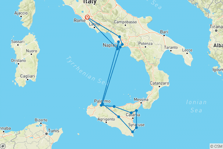 Carte du circuit Les joyaux du sud de l'Italie et de la Sicile. Circuit en petit groupe/privé