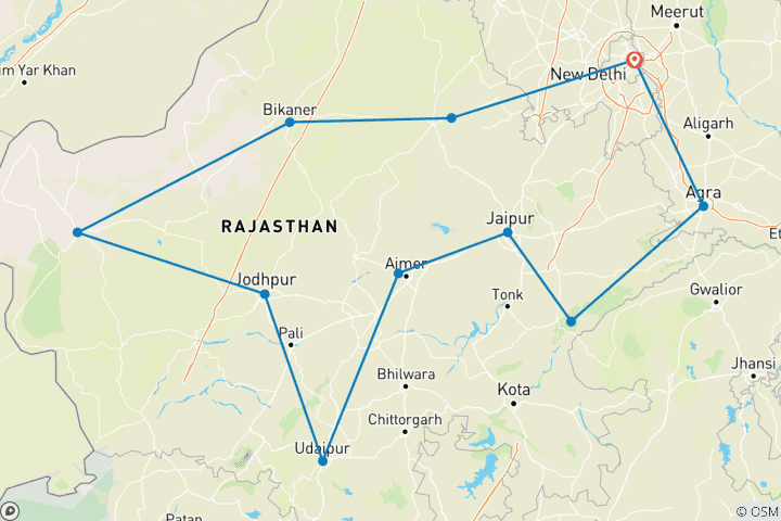 Map of 14 day Essence of India Luxury tour