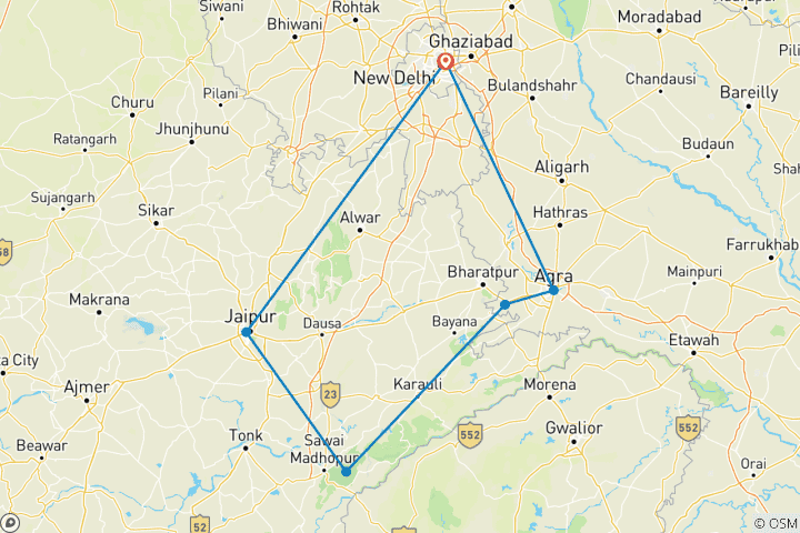 Map of 8 Days GOLDEN TRIANGLE EXCURSION WITH RANTHAMBORE WILDLIFE SAFARI