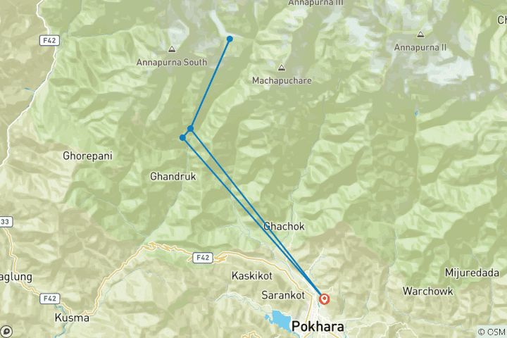 Mapa de Caminata de 5 días al campamento base del Annapurna - caminata corta ABC 2023 - 2024