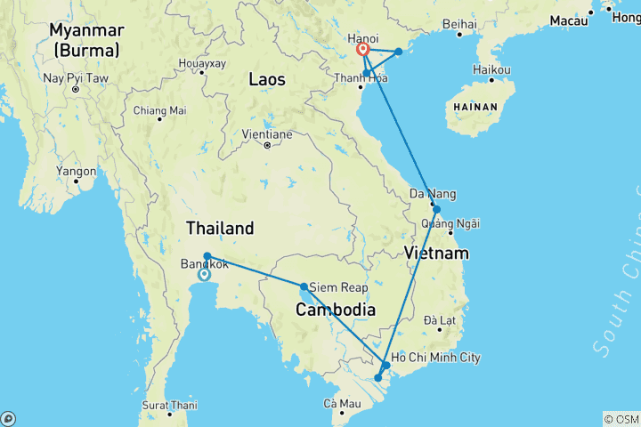 Karte von Indochina mit Thailand, Kambodscha & Vietnam 18 Tage