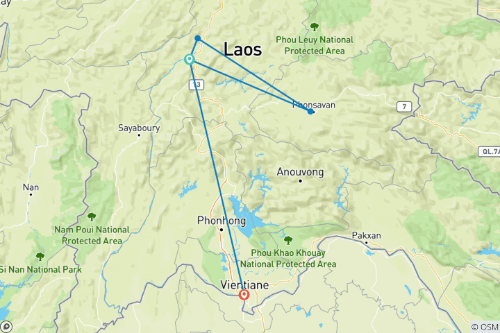 Map of Laos Tour of Heritage Trail from Luang Prabang to Xieng Khouang, Vientiane