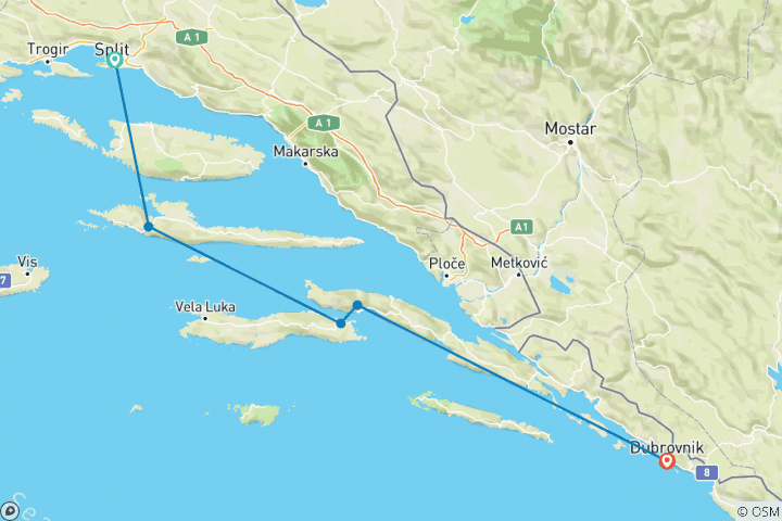 Map of Hike and kayak along the Dalmatian coast - semi supported tour