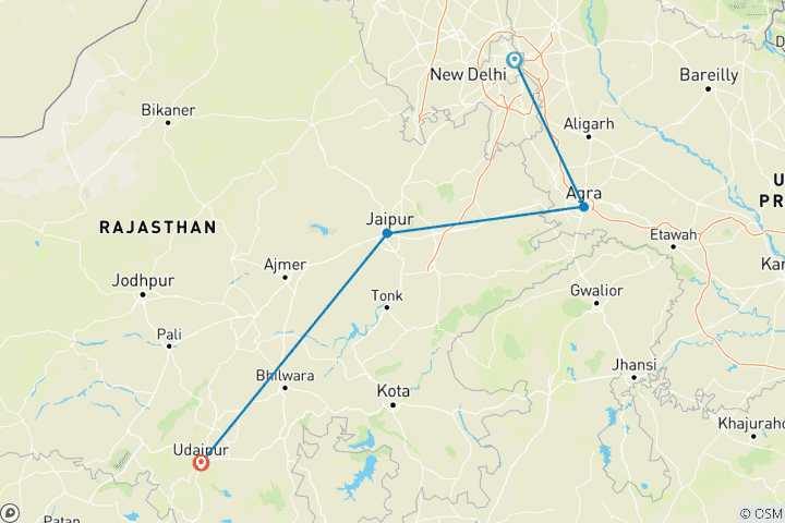 Mapa de Viaje al triángulo de oro con Udaipur - Delhi Agra Jaipur Udaipur circuito