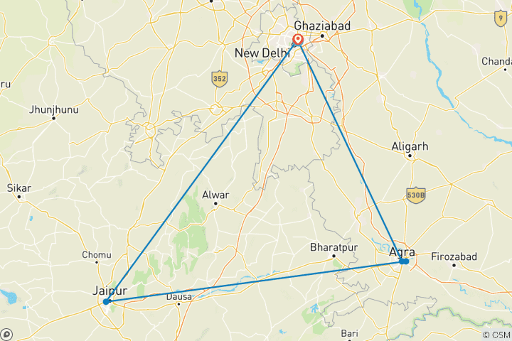 Map of 4 Days Mini Golden Triangle India Tour from Delhi