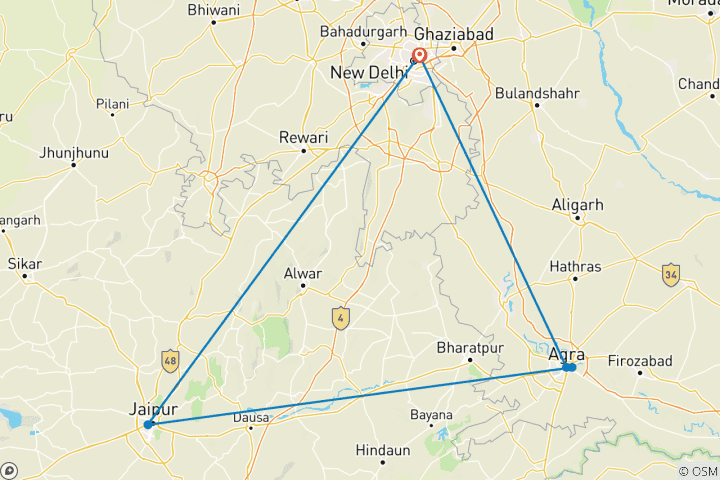 Map of 4 Days Mini Golden Triangle India Tour