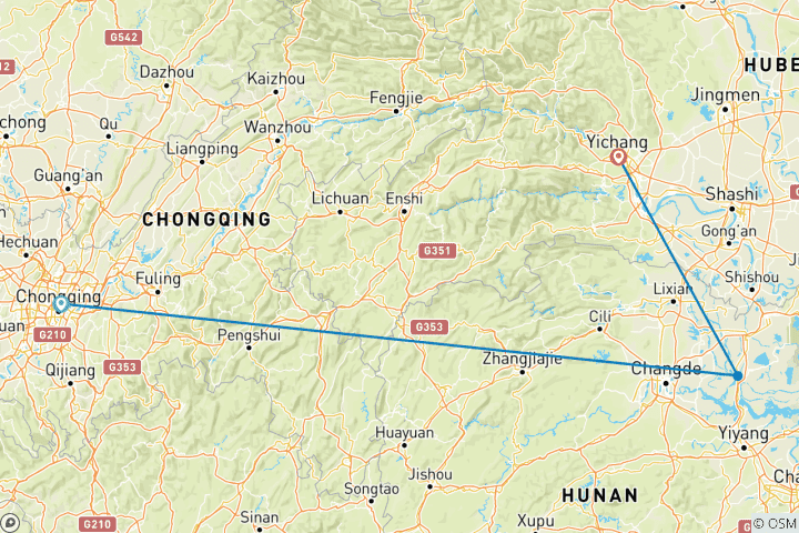 Mapa de Crucero por el río Yangtsé de Chongqing a Yichang río abajo en 4 días y 3 noches