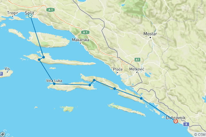 Karte von Kroatische Inseln mit dem Fahrrad und Kajak (teilsgeführt)