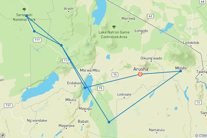 Carte du circuit Safari de 5 jours à la découverte de la faune sauvage en Tanzanie