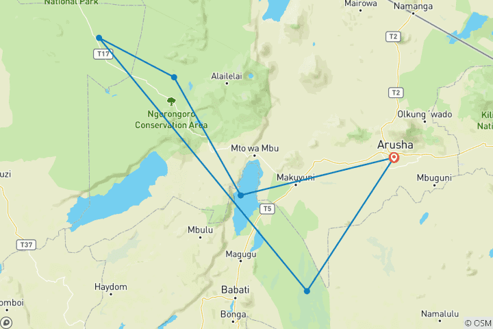 Karte von Safari: Tarangire, Serengeti, Ngorongoro Krater & Manyara See - in Lodges (5 Tage, 4 Nächte)