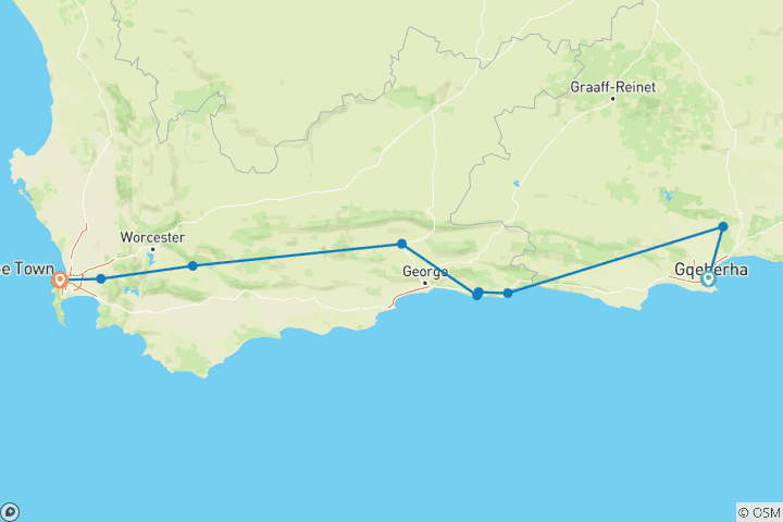 Map of Addo - Garden Route - Cape Town  Chauffeur Drive Tour:  6 Days