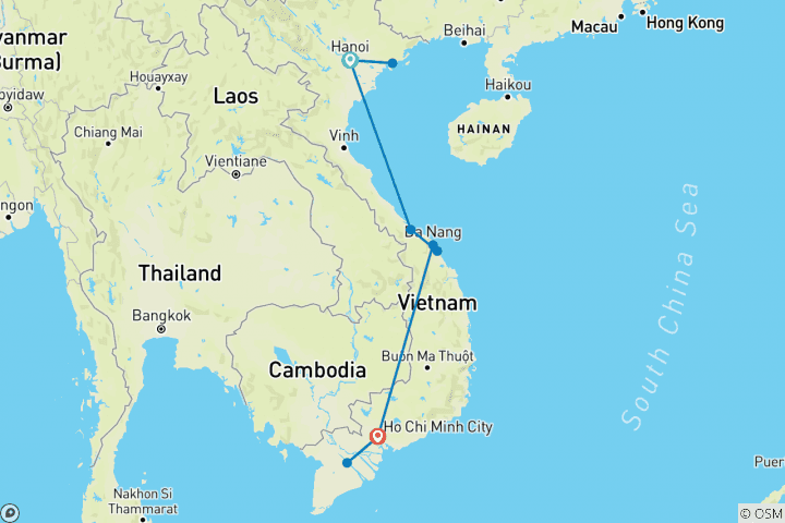 Map of Budget Vietnam Tour for Landscapes from Hanoi to Saigon via Hue, Hoi An