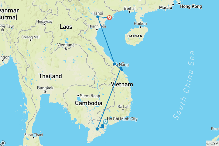 Kaart van Ontdekkingsreis Vietnam van Saigon naar Hanoi via Hue, Hoi An, Halongbaai