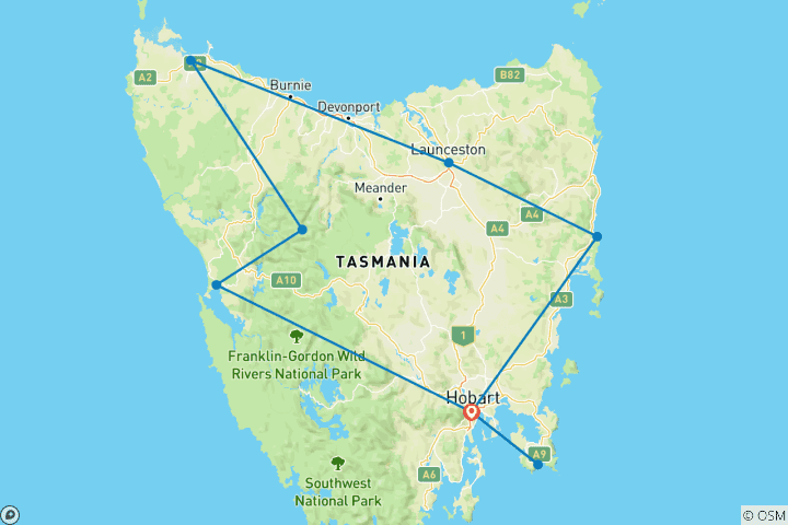 Map of Tasmanian Wonders (10 Days)