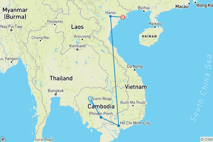 Mapa de Vietnam Camboya viaje a Angkor, Phnompenh, Saigón, bahía de Halong y Hanói