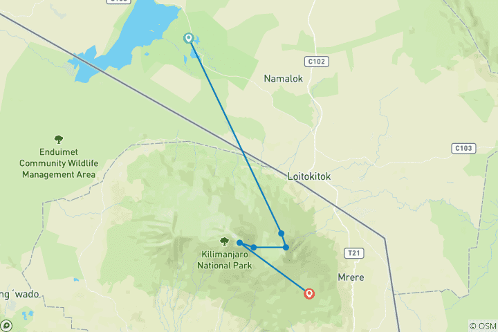 Map of Mt. Kilimanjaro: Rongai Mystique Ascent